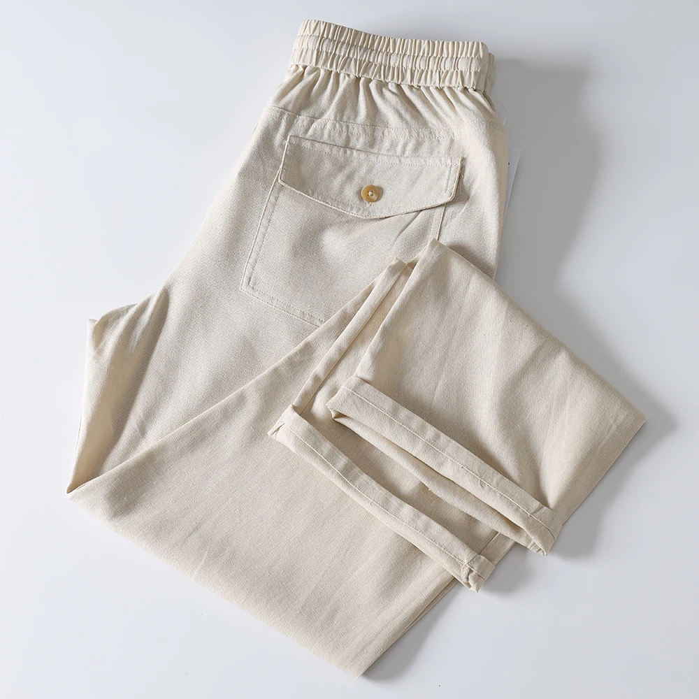 Ultra-Soft Washed Linen Casual Pants Drawstring Waist Drapey Breathable Summer Loose Fit Straight Leg Pants for Men