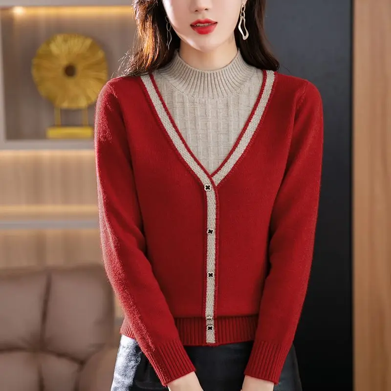 Korean Fashion Fake Two Piece Women Color Block Sweaters Spring Autumn Mock Neck Simple Loose Knitted Long Sleeve Pullovers Top