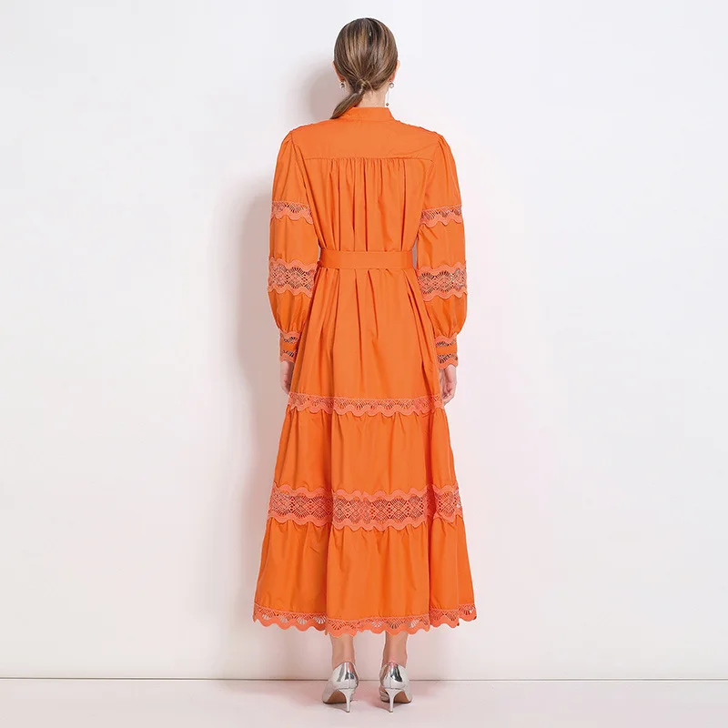 Ele Court Sle Aラインスカート、中空レースロングスリーブVネック、スリムデザイン、秋冬ストリートファッション向け