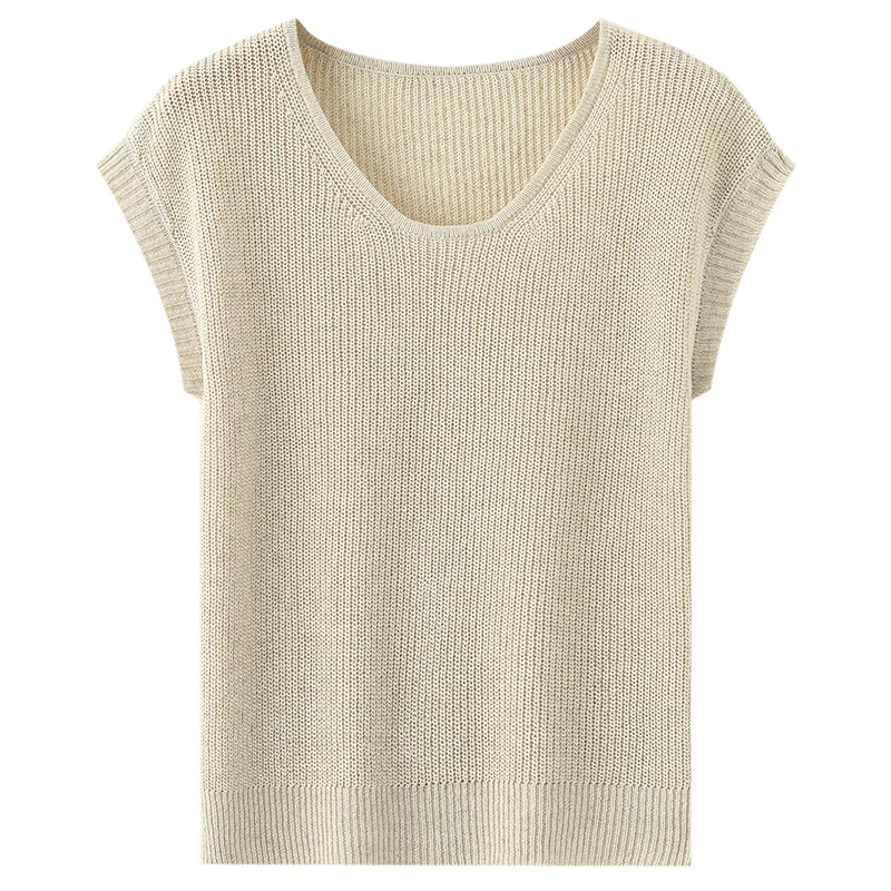 Hot Sales Summer Lyocell and Flax Blend Knit Tops Women's Fashion U-neck Sleeveless Knitted Pullover Beach Black Grey Beige