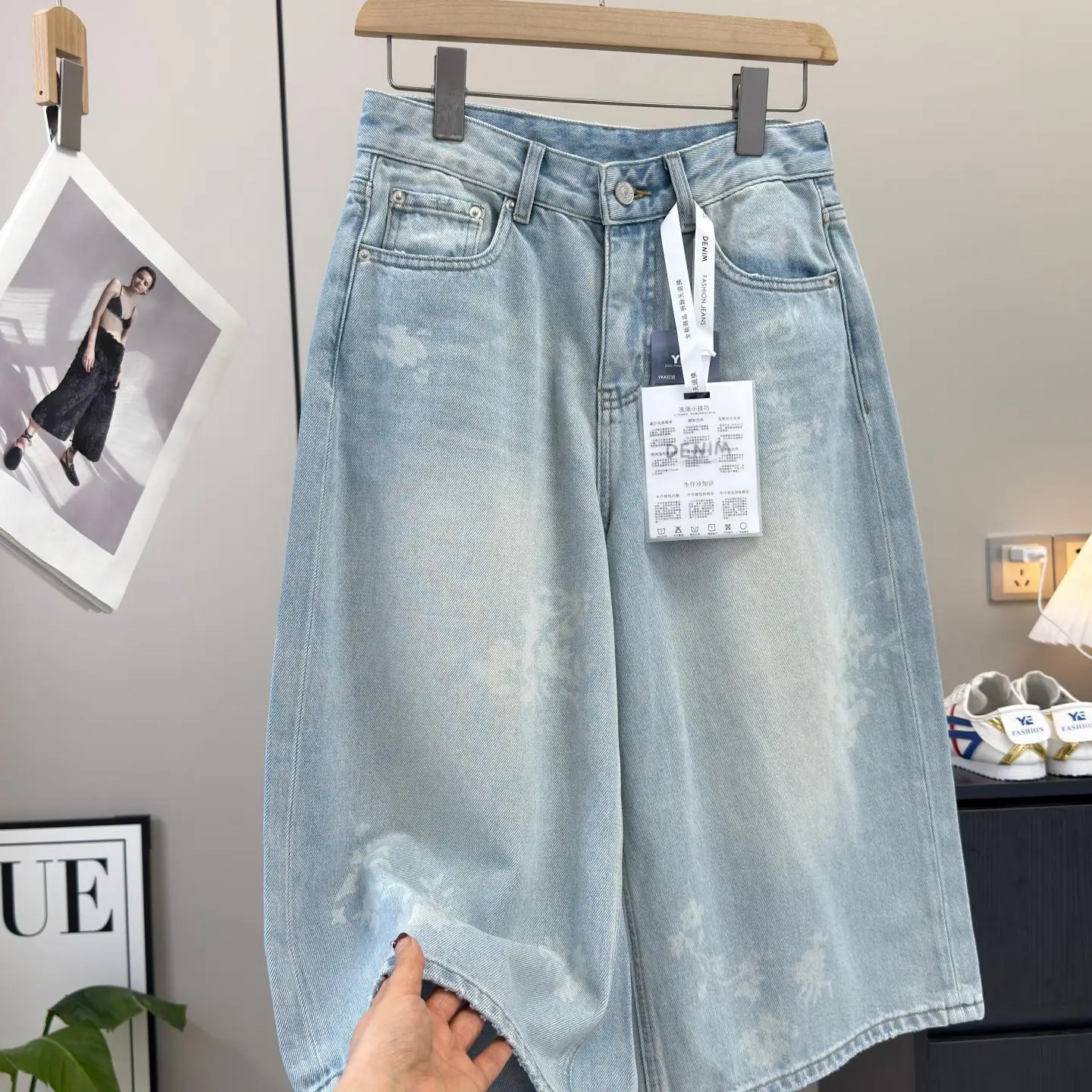 

High Waist Wide Leg Cotton Denim Capri Pants Summer Washed Blue Print High Waist Loose Fit Female Jeans Casual Trousers
