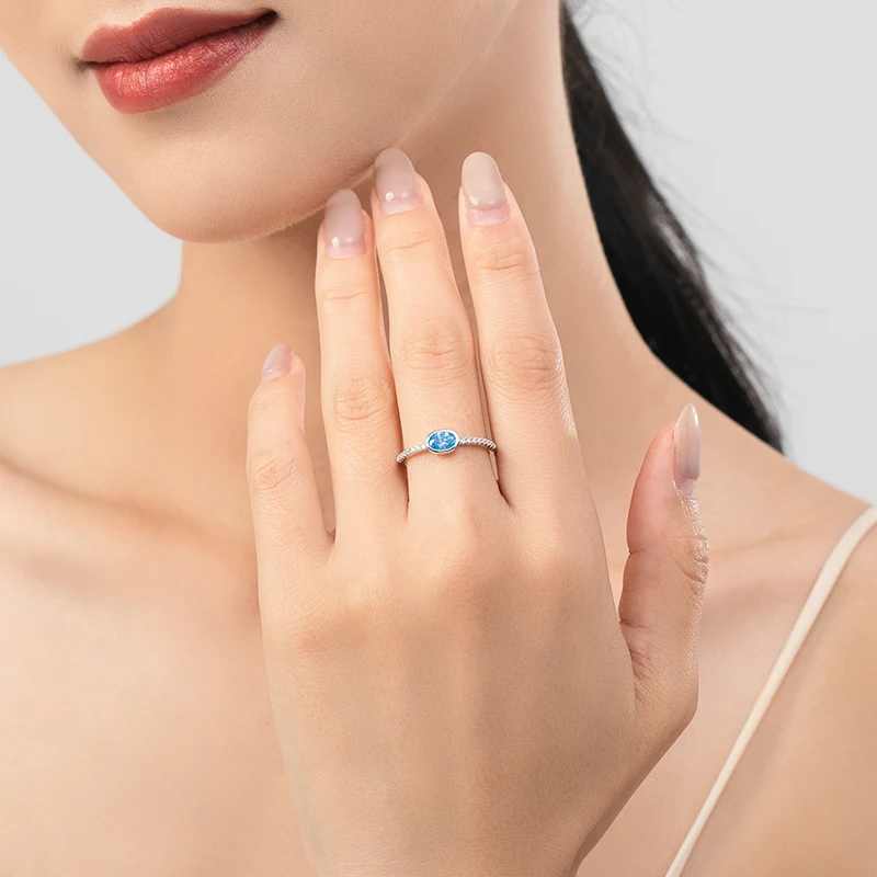 Ailmay Genuine 925 Sterling Silver Fashion Oval Blue Zirconia Finger Ring For Women Luxury Wedding Engagement Fine Jewelry