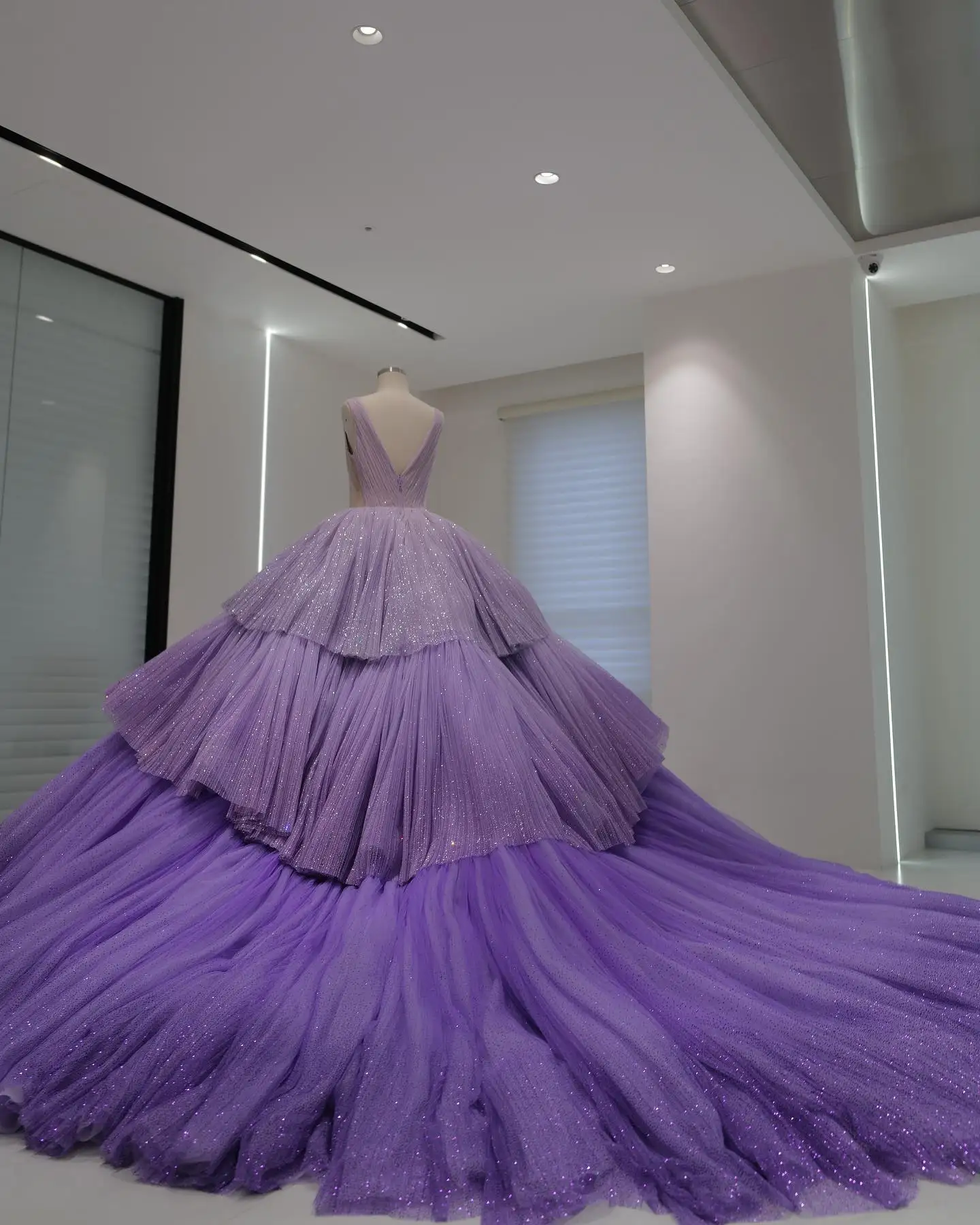 Glitter Tulle Purple Ball Gown Formal Dresses Extra Puffy Tiered Ruffles Bridal Wedding Gowns Handmade Chic Celebrity Dress