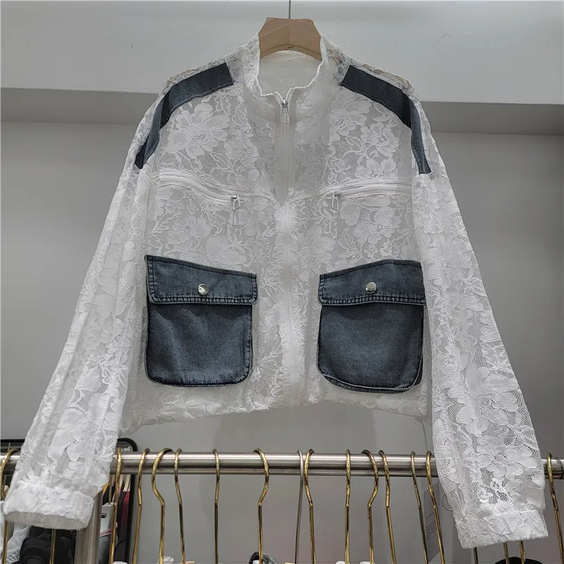 2026 Spring Summer Women Lace Hollow Out Denim Coat High End Pocket Design Elegant Casual Sun Protection Jacket