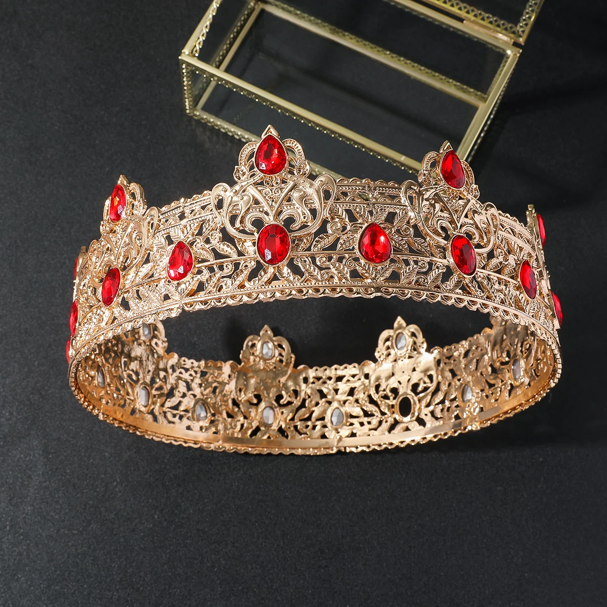 

Bridal Headwear Full of Dazzling Crown Attractive Luxurious Gold-color Ladies' Beauty Pageant Red Crystal Round Hair Accessories