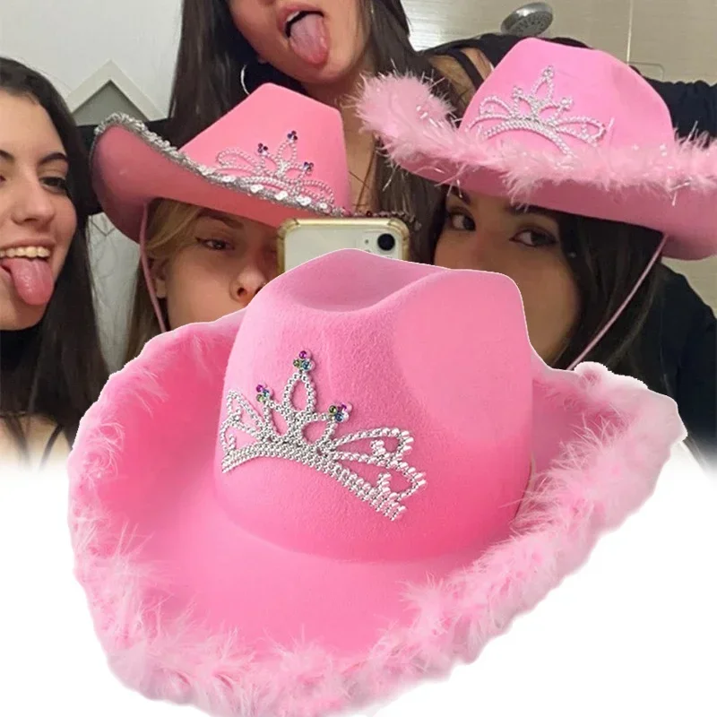 Gorras de vaquero del oeste, sombrero de vaquera rosa para mujer y niña, Tiara, sombrero de vaquera, disfraz de vacaciones, sombrero de fiesta, gorra Fedora con borde de plumas