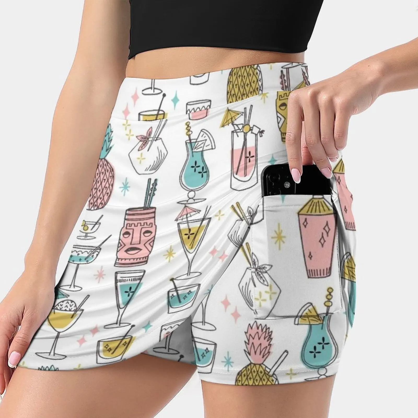 

Tropical Cocktails Tiki Bar Hawaiian Drinks Cute Pattern By Women's skirt With Hide Pocket Tennis Skirt Golf Skirts Badminton