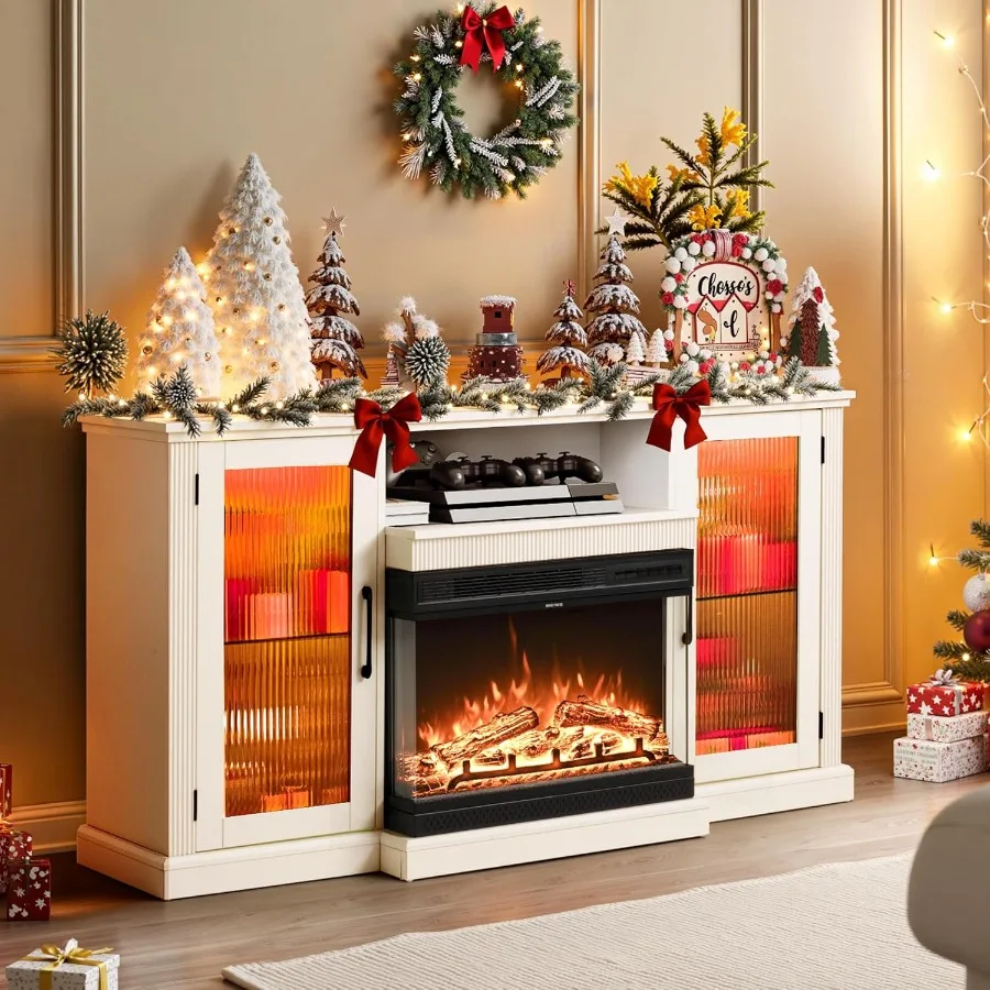 

60 3-Sided Glass Fireplace TV Stand with Stripe Glass Door Up to 65 TV 24 Electric Fireplace 12-Color LED Variable Light Entert