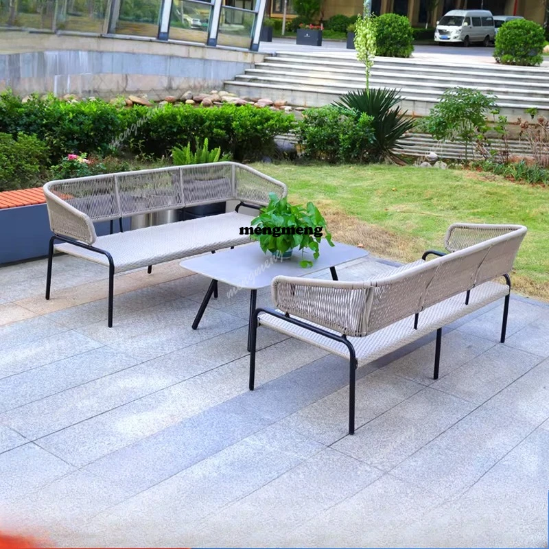 

Уличный диван для патио из ротанга, водонепроницаемый, с защитой от солнца, для виллы, открытой веранды, с кофейным столиком из алюминиевого сплава.