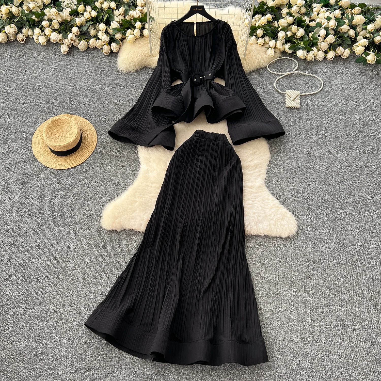 Lady Luxury Elegant Winter Suit Outfits Autumn Waist Belt 2pcs Set Festival Birthday Dinner Party Banquets Nightclub Evening Set