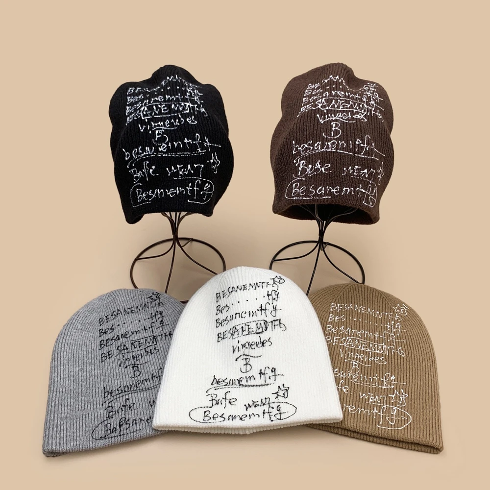 New Style High Quality Letter Graphic Print Beanie 100%Cotton Winter Skullcap Stretchable Casual Cap Unisex