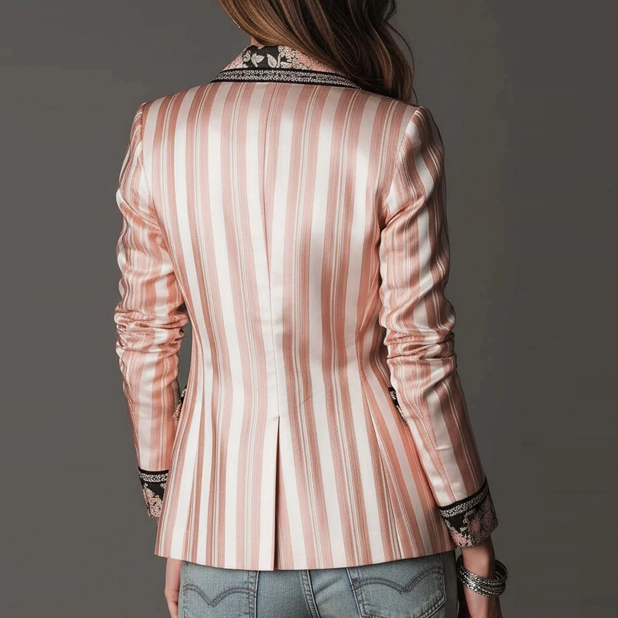 Elegant Women Satin Striped Blazer Coat Floral Print Contrast Collar Long Sleeve Slim Suit Jacket Office Daily Streetwear