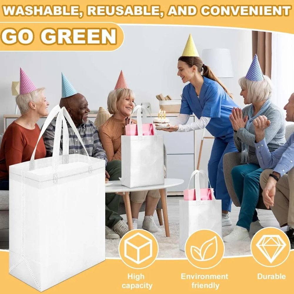 Borse tote riutilizzabili sfuse - Confezione da 300 borse per la spesa in tessuto non tessuto con manici, 8x4x10 pollici, bianche per generi alimentari e regali