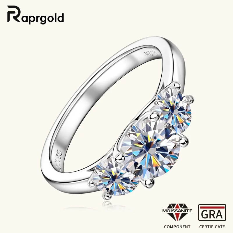 

RAPRGOLD D VVS1 обручальные кольца с муассанитом для женщин, настоящее серебро S925, кольцо с тремя камнями круглой огранки, свадебные украшения, подарки