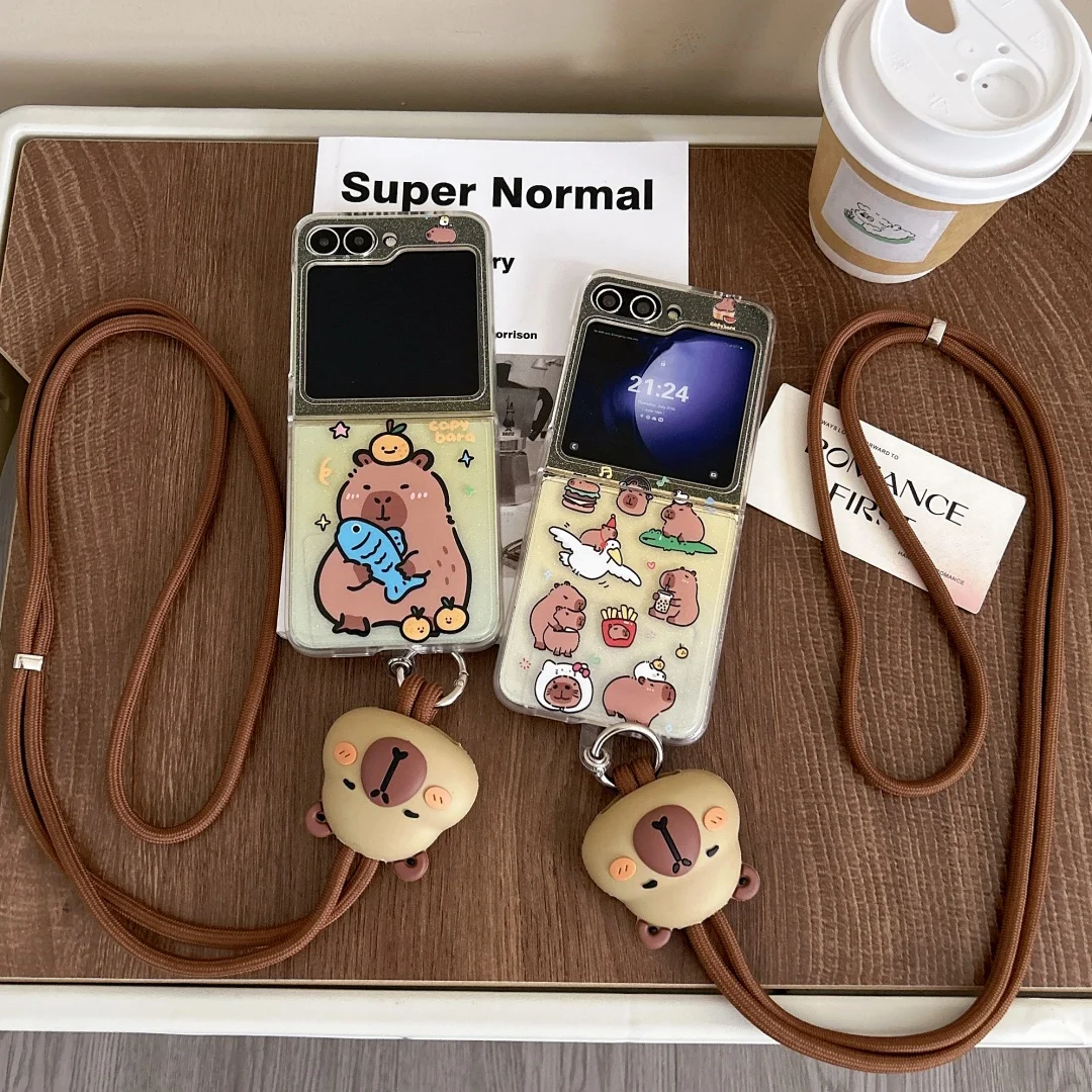 

Cartoon Funny Capybara lanyard Phone Case for Samsung Galaxy Z Flip 6 5 4 Hard Cover for ZFlip7 Zflip6 5 Cute Shell