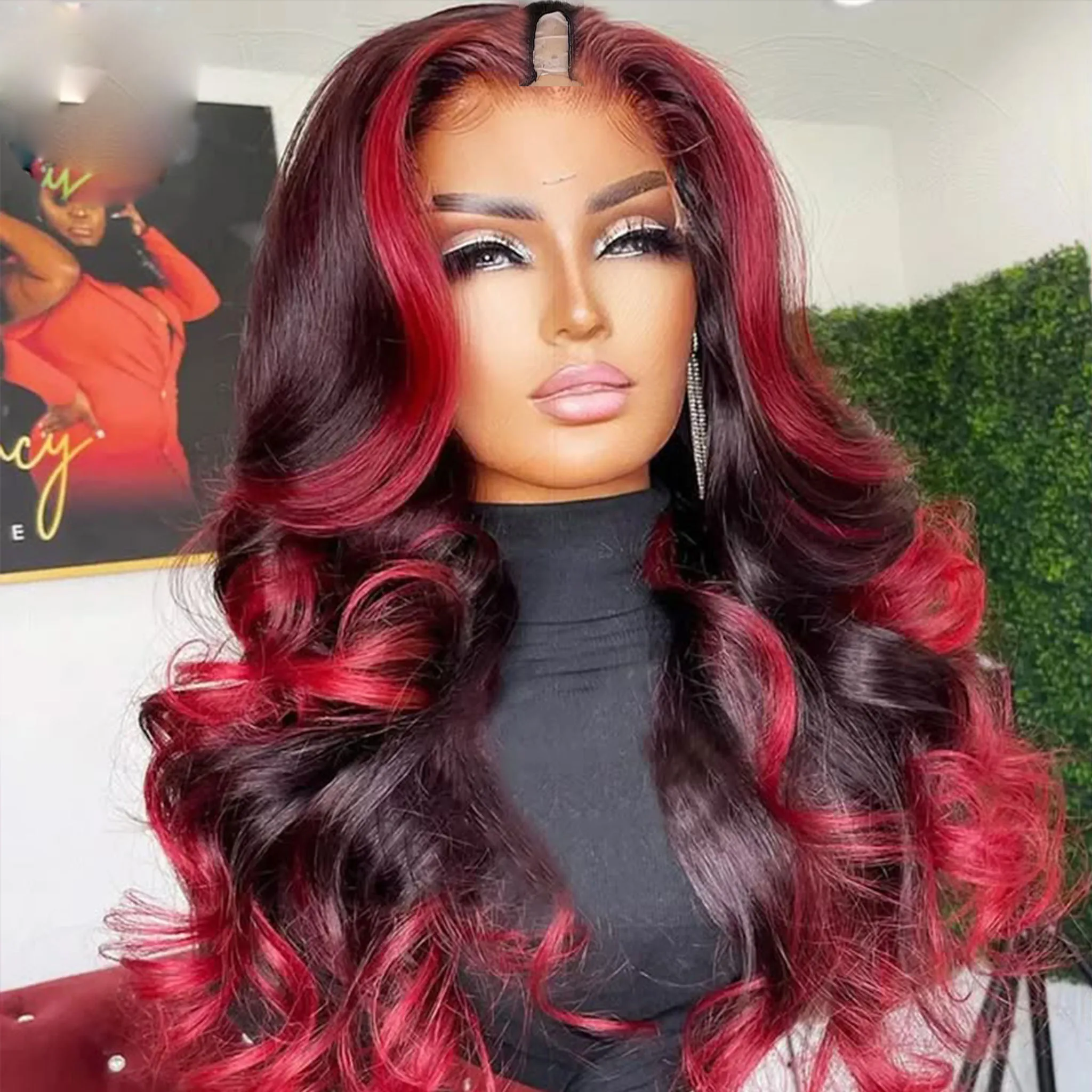 Highlight-Perücke aus Echthaar, Farbe 1B 99J, Burgunderrot, mit Wellenmuster, V-Teil-Perücke für Damen, rotes Haar, ohne Klebstoff, verstellbare U-Form, einfach anzubringen. – Detail 2
