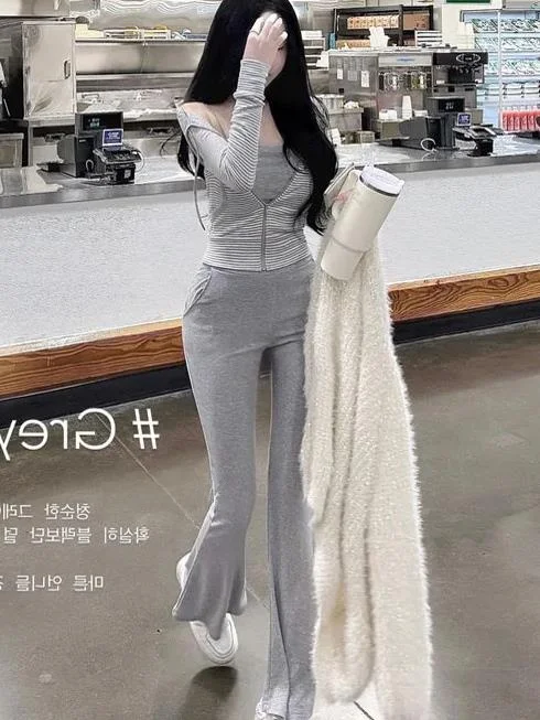 

High Waist Flared Casual Pants Comfortable Elastic Leg Lengthening Slimming High Waist Micro Flare Leisure Trousers