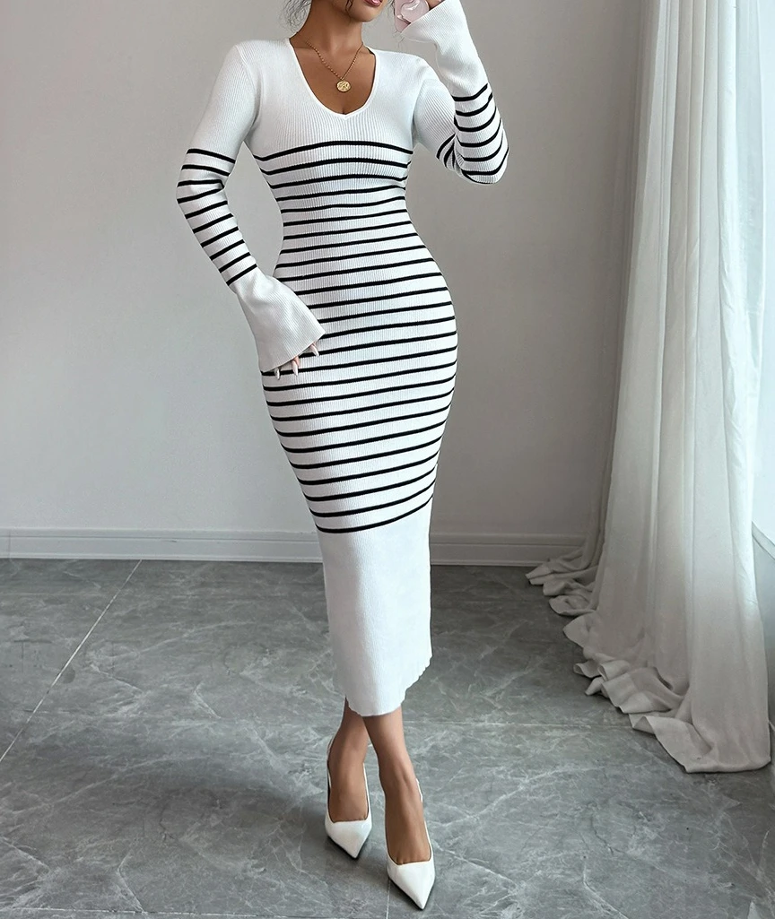 

2025 Summer Elegant and Fashionable Striped Long Sleeve Hip Wrapped Long Skirt Dress Women's Wear