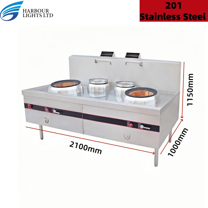 Commercial Gas Cooking Stove With 2-Burner 2-Warmer Stainless Steel Chinese Wok Range Kitchen Equipment for Chinese Food