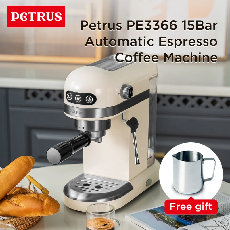 Petrus Espresso Coffee Maker Compact Coffee Machine 15 Bar 1230W With Foaming Milk Frother Automatic 2-Cup Shot Touch Control