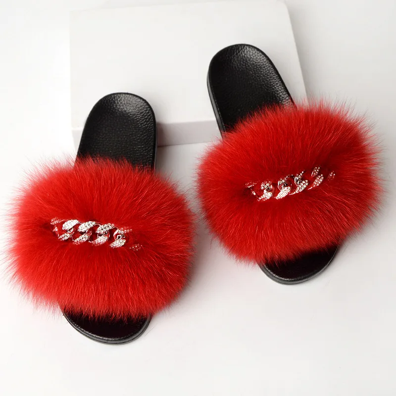 Summer Ladies Slippers Women Real Fox Fur Slides Indoor Fuzzy Plush Flip Flops Flat Sandals Fluffy Home Shoes Woman New Arrival