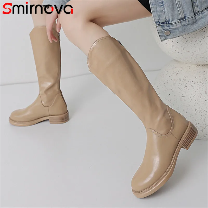 

Smirnova 2023 New Fashion Slip On Platform Winter Boots Woman Genuine Leather Knee High Boots Ladies Thick Med Heels Shoes