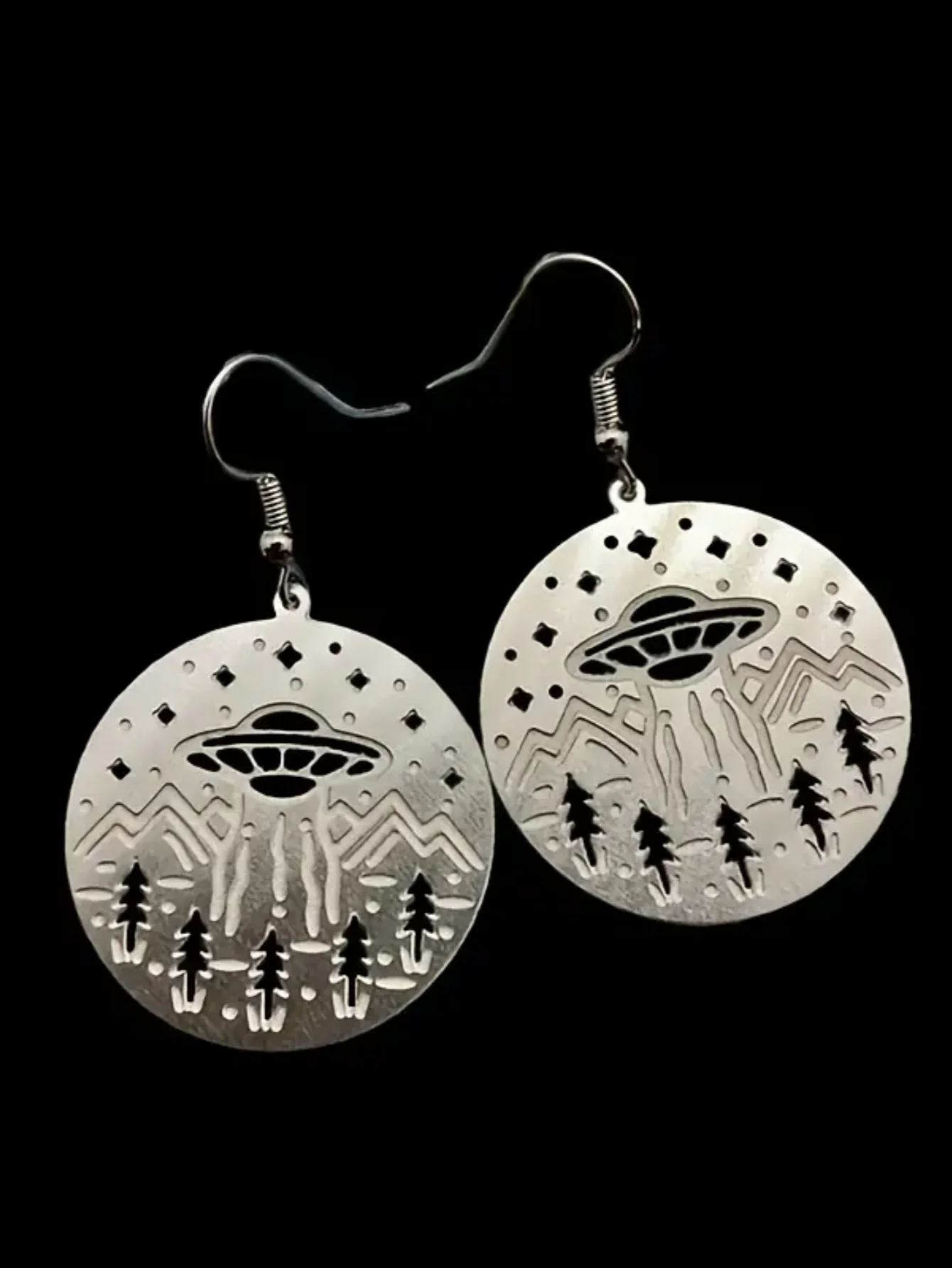 A Pair of Creative Retro Chic Bohemian Cross Metal Sculpted Pattern Colored Gems UFO Alien Spaceship Pendant Earrings