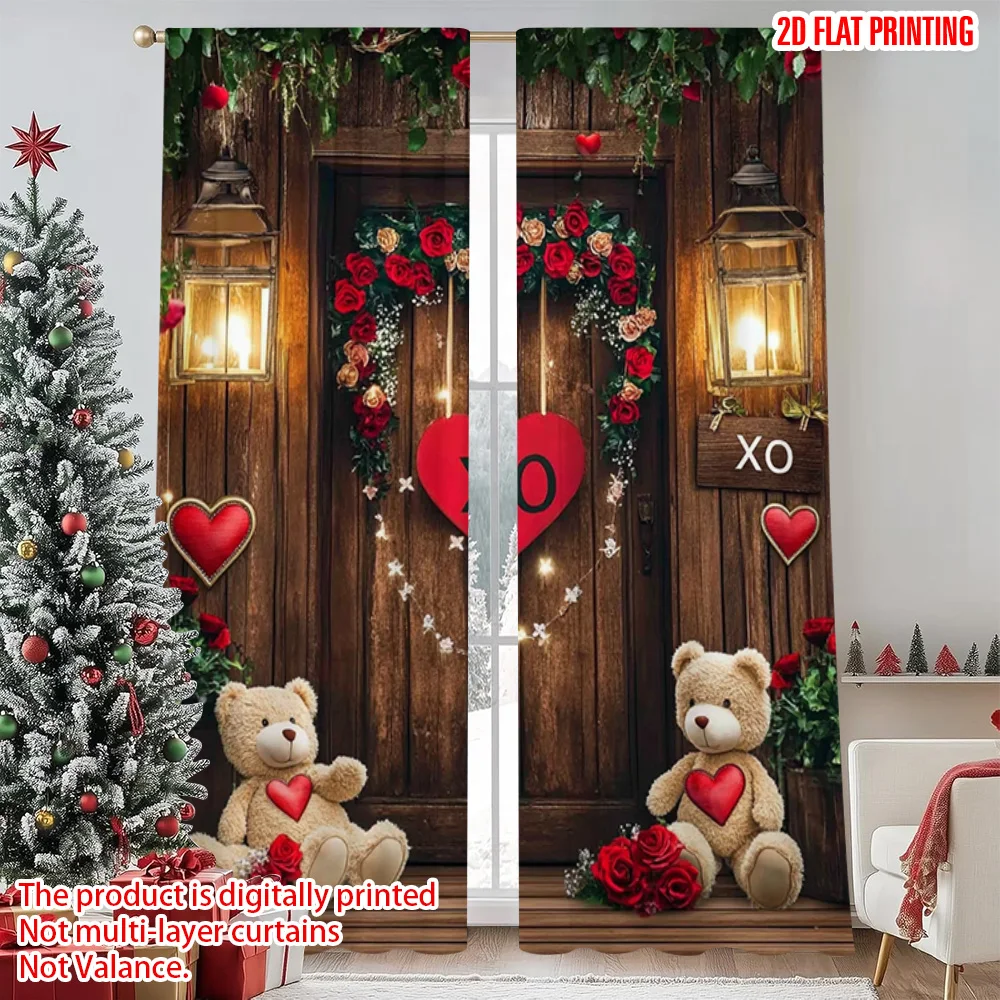 

2pcs 2D flat printing Merry Christmas Popular Curtain Red rose wood 0 100% Polyester Without Electricity Party Decorations for
