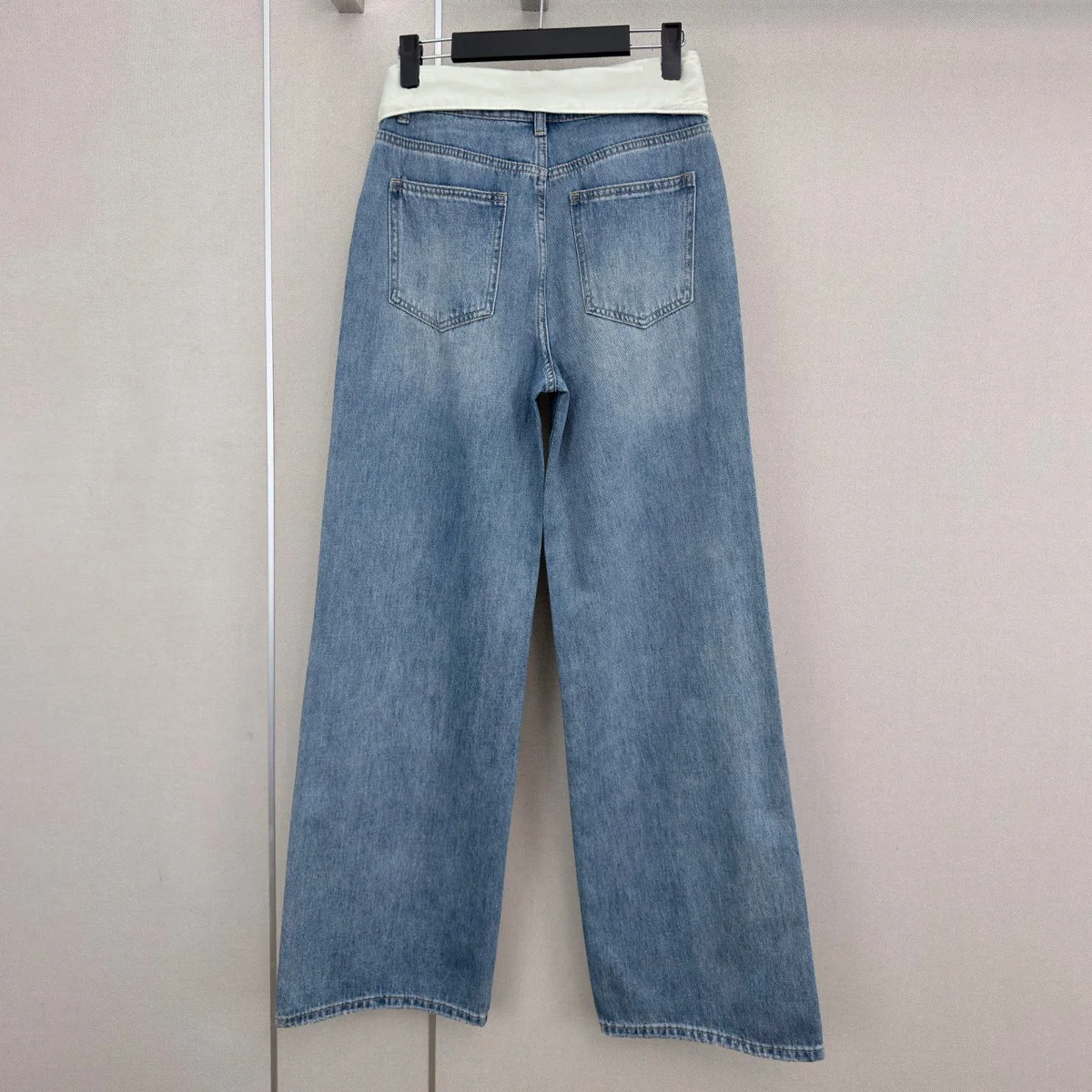 High Quality Women Color Contrast Fold Waist Wide Leg Jeans Vintage Washed Denim Long Trousers lyt26721101