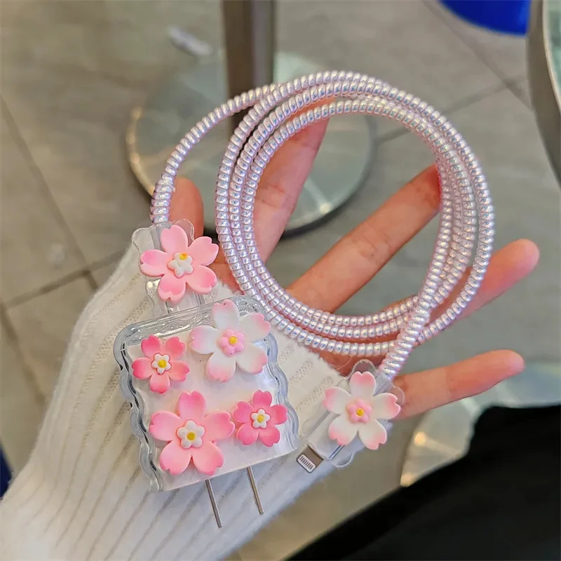 Pink Gradual Change Flower Clear Silicone Charger Case For IPhone 11 12 13 14 15 18W-20W Charge Protection Cover Charger Sleeve