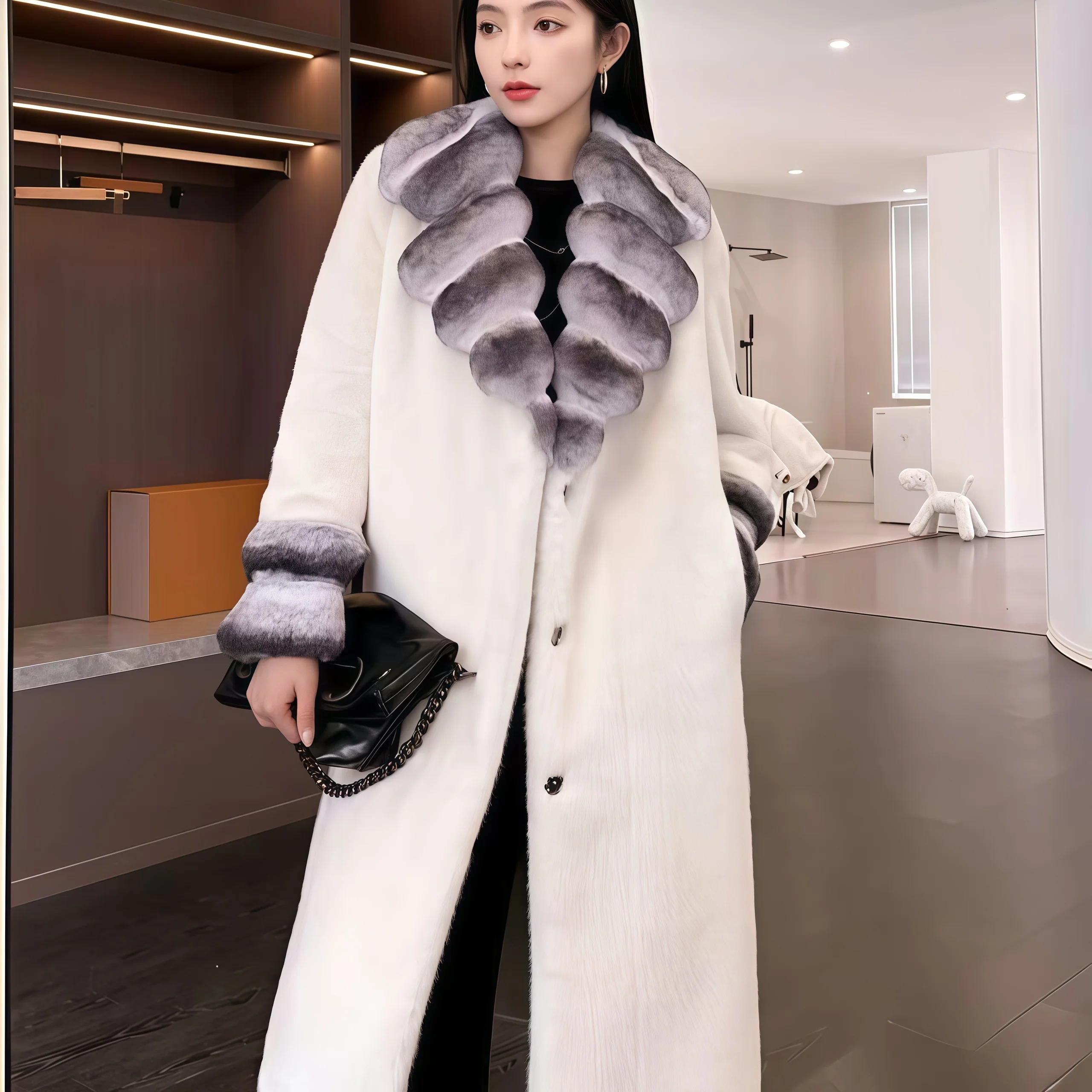 따뜻하고 폭신한 두꺼운 인조 모피 코트 라펠 긴소매 퍼 코트 우아한 겨울 코트 여성용 롱 탑 코트 고품질 친환경 퍼