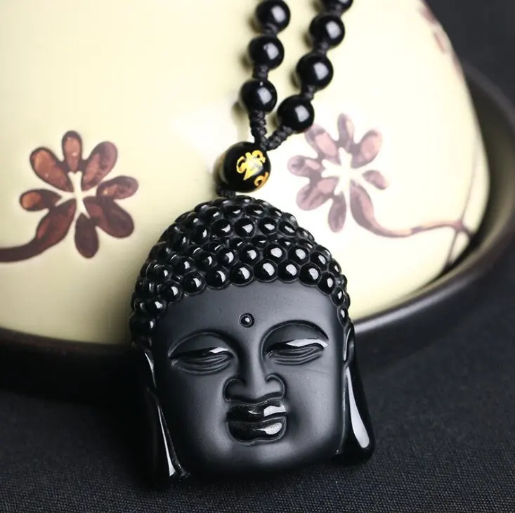 Vintage Obsidian Buddha Shakyamuni Buddha Head Pendant for Men Women Religion Beaded Necklace Jewelry