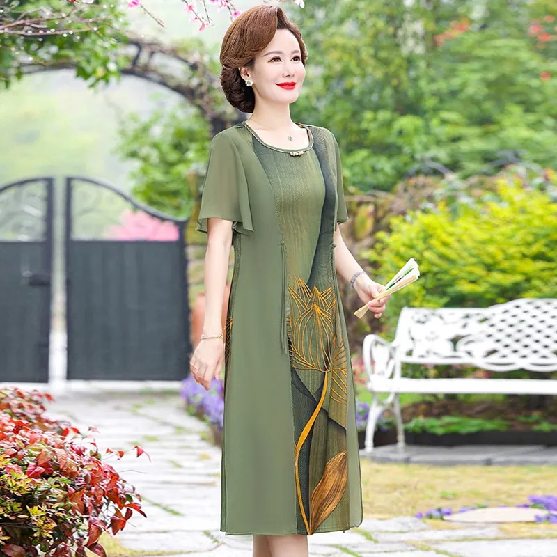 Summer fake two Casual Midi Dress Vintage Lotus printing chiffon Dress Women Elegant loose Party Vestidos Plus size 5XL