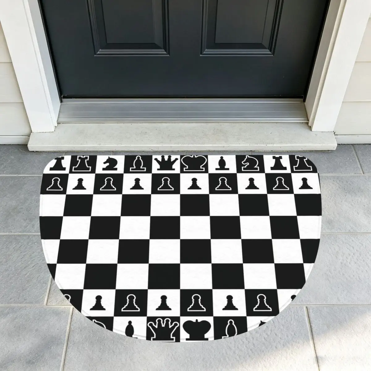 Chess Board Black And White Grid Checkered Soft Half Round Doormat Non Slip Bathroom Mat Absorbent Floor Carpet for Living Room