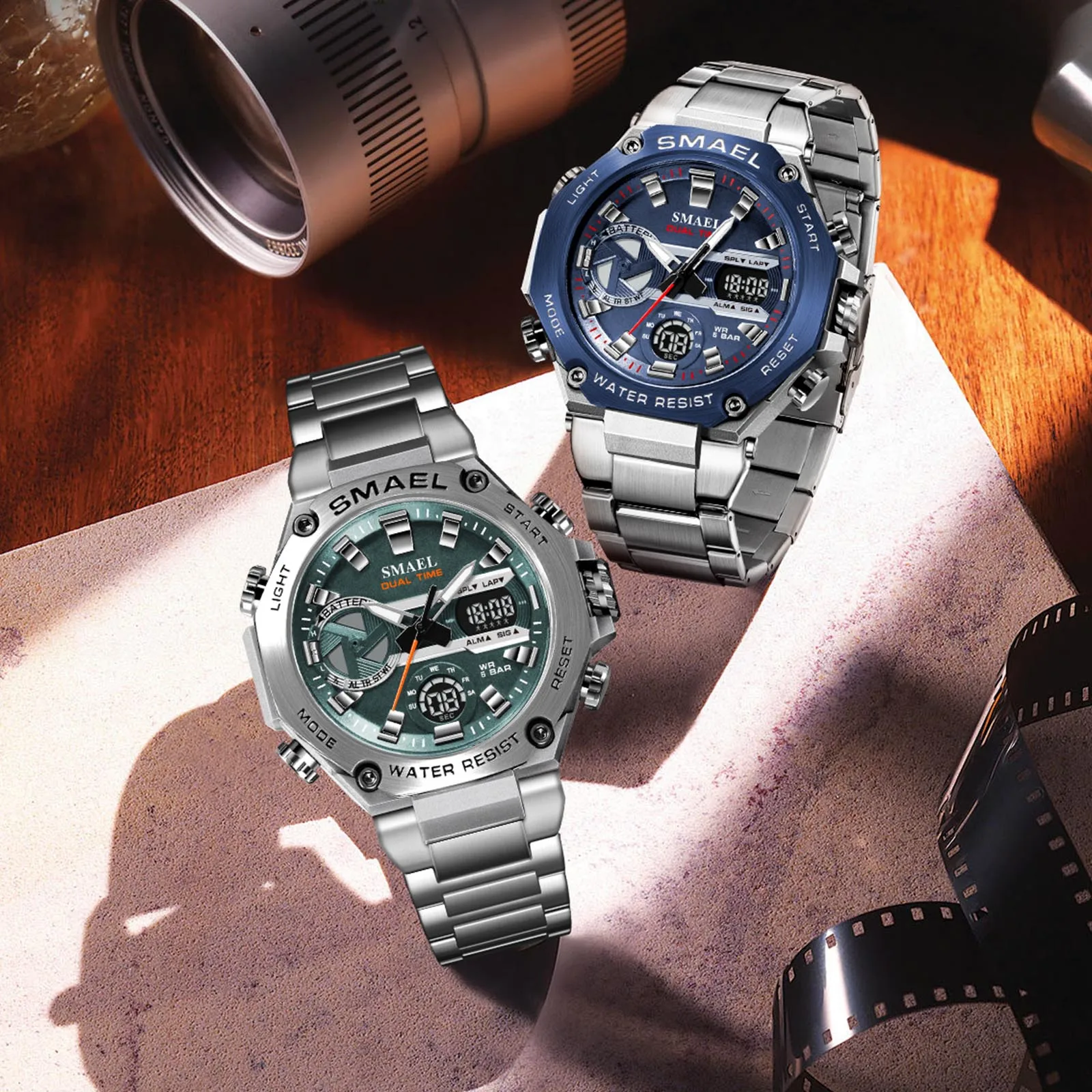 SMAEL Brand Fashion 8097 Stainless Steel Watch Sport Dual Time Luminous LED Display Quartz Digtal Watch For Men
