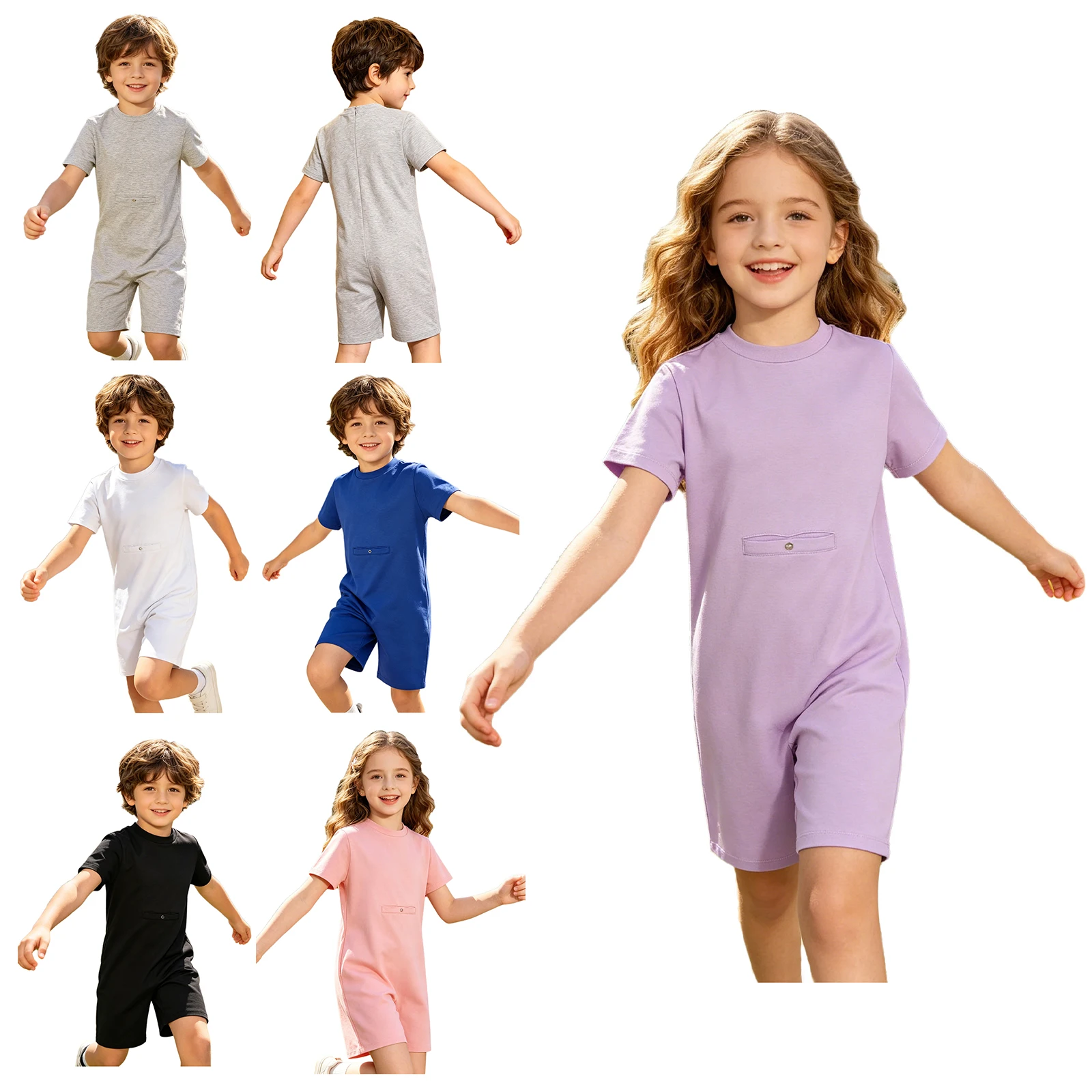 Children Short Sleeve Invisible Zipper Solid Color Jumpsuit with Press Button Hole Rompers Special Needs Adaptive Clothing 3pcs