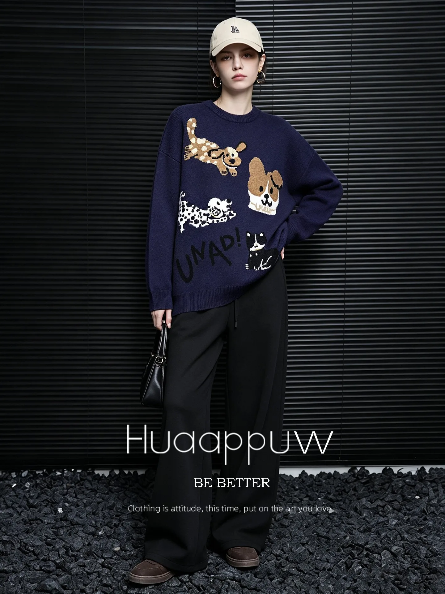 Huaappuw Retro Lazy Doggies Knitted Sweater round Neck Pullover French Style Loose Fit Polyester Acrylic Nylon Blend Long Sleeve
