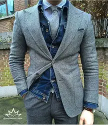 2022 Spring Latest Design Tweed Suits For Men Casual Slim Fit Costume Made Fashion Peak Lapel Male Clothing Thick Gray Blazer