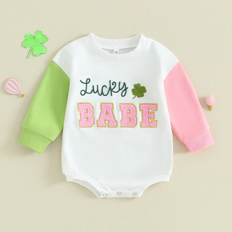 

2023-10-31 Lioraitiin 0-18M Newborn Baby Girl Romper Contrast Color Long Sleeve Letter Bodysuit Baby St. Patrick's Day Clothes