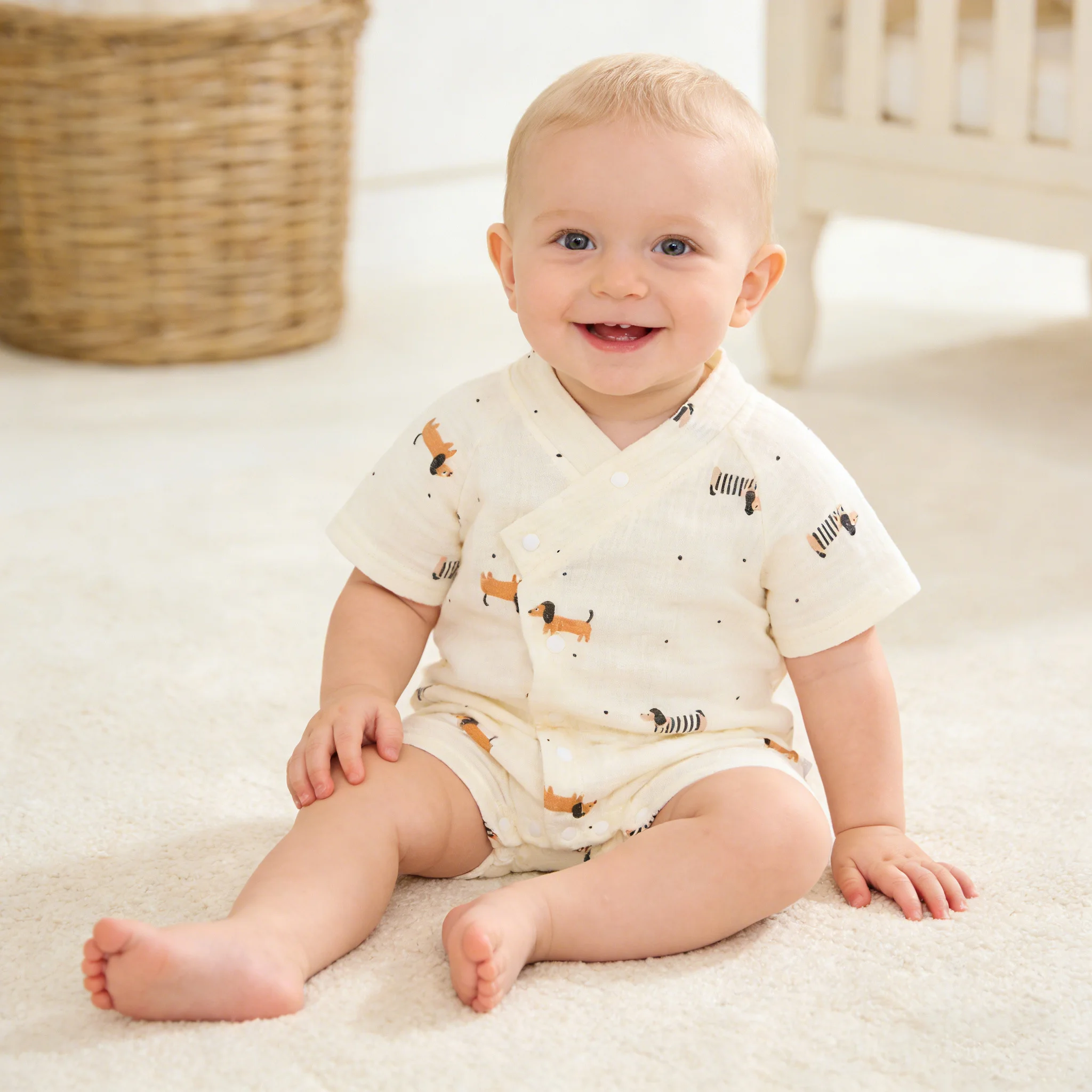 Newborn Baby Muslin Jumpsuit for Summer 100% Cotton Thin Breathable Short Sleeve Outfit Cute Dog Printed Rompers 0-18M