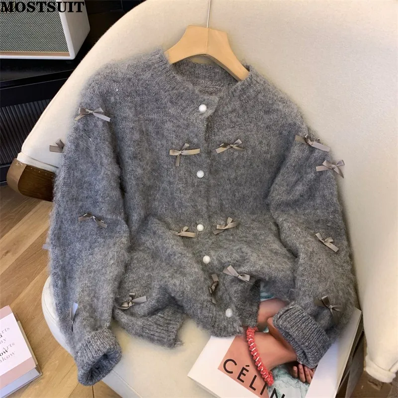 Grey Bowtie Mohair Knit Cardigan Sweater Women Elegant Fashion Stylish Vintage Coat Tops 2024 Spring Long Sleeve O-neck Jumpers