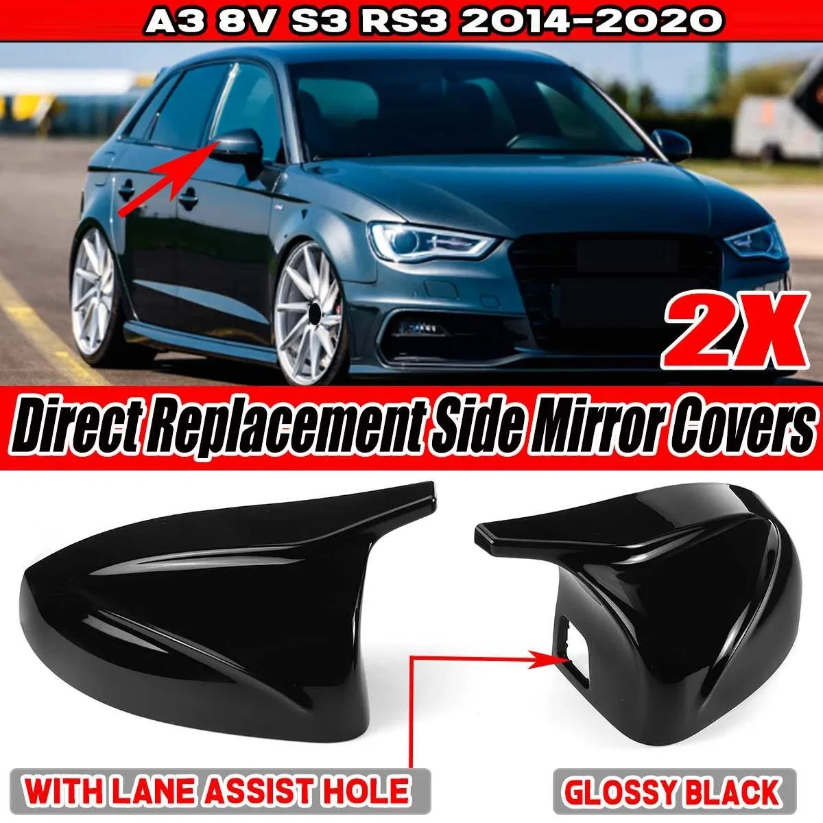 Black Car Side Mirror Cover Rear View Mirror Direct Replace Cap for-Audi A3 8V S3 RS3 2014-2020 with Lane Assist Hole