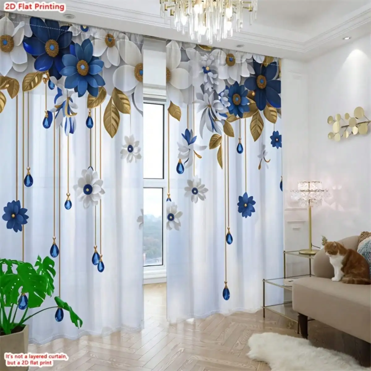 2D Flat Printing, Semi-Opaque And Semi-Transparent Through-Bar Curtains | Minimalist Style Colorful Flower Curtains For Home