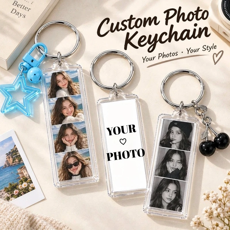 1/3/5Pcs Custom 4‑Cut Photo Strip Acrylic Key Chains Personalized Photo Pendant for Couple Family Anniversary Gift