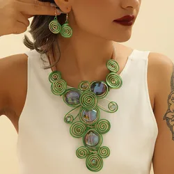 New 1set Exaggerated Green Flowers Crystal Necklace Earrings Set for Women Summer Party Statement Rhinestones Jewelry Set Gifts