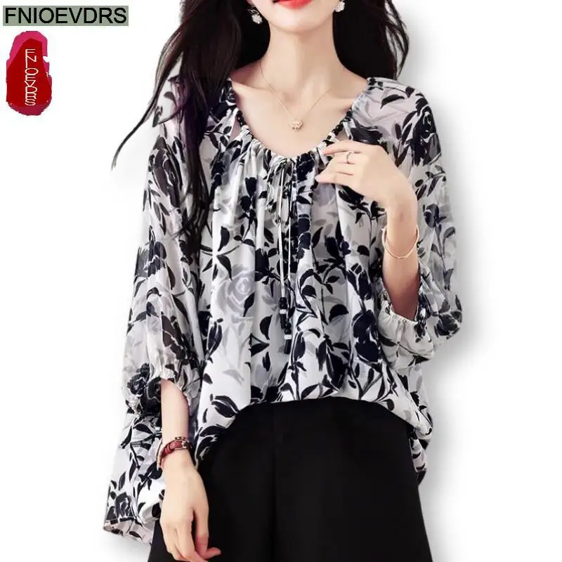 

Hot Loose Clothes 2024 Women European Fashion Elegant Floral Print Casual Tunic Belly Peplum Tops And Blouses