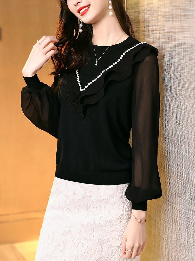 

Ice Silk Knitted Top Women's Loose Slimming Cover-Up Faionable Long Sve T-irt Underwear Korean Sle round Ne Pullover