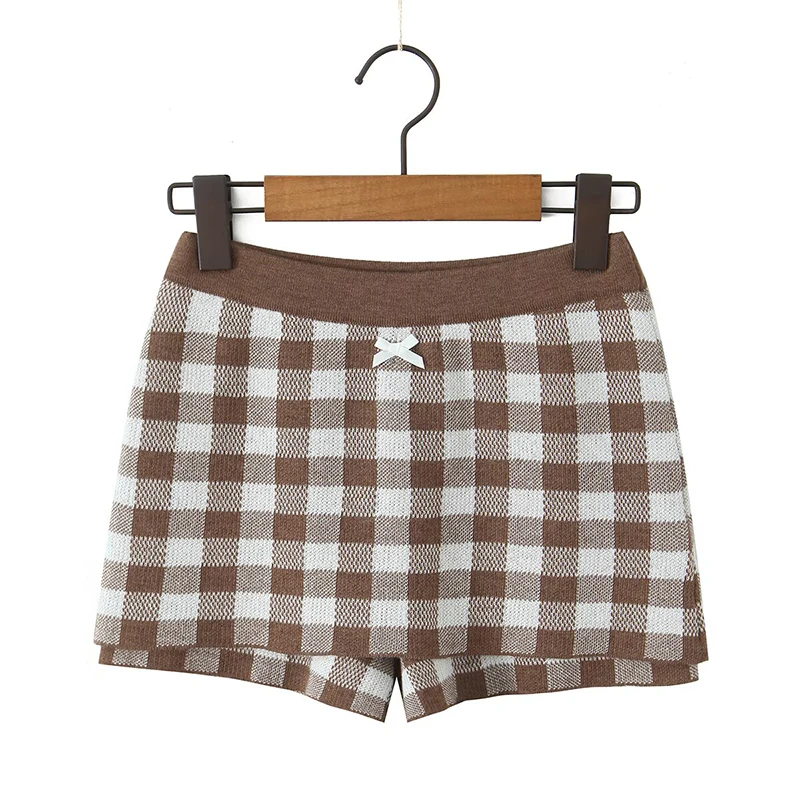 

YENKYE новые осенние женские винтажные клетчатые повседневные вязаные шорты с эластичной резинкой на талии, юбки