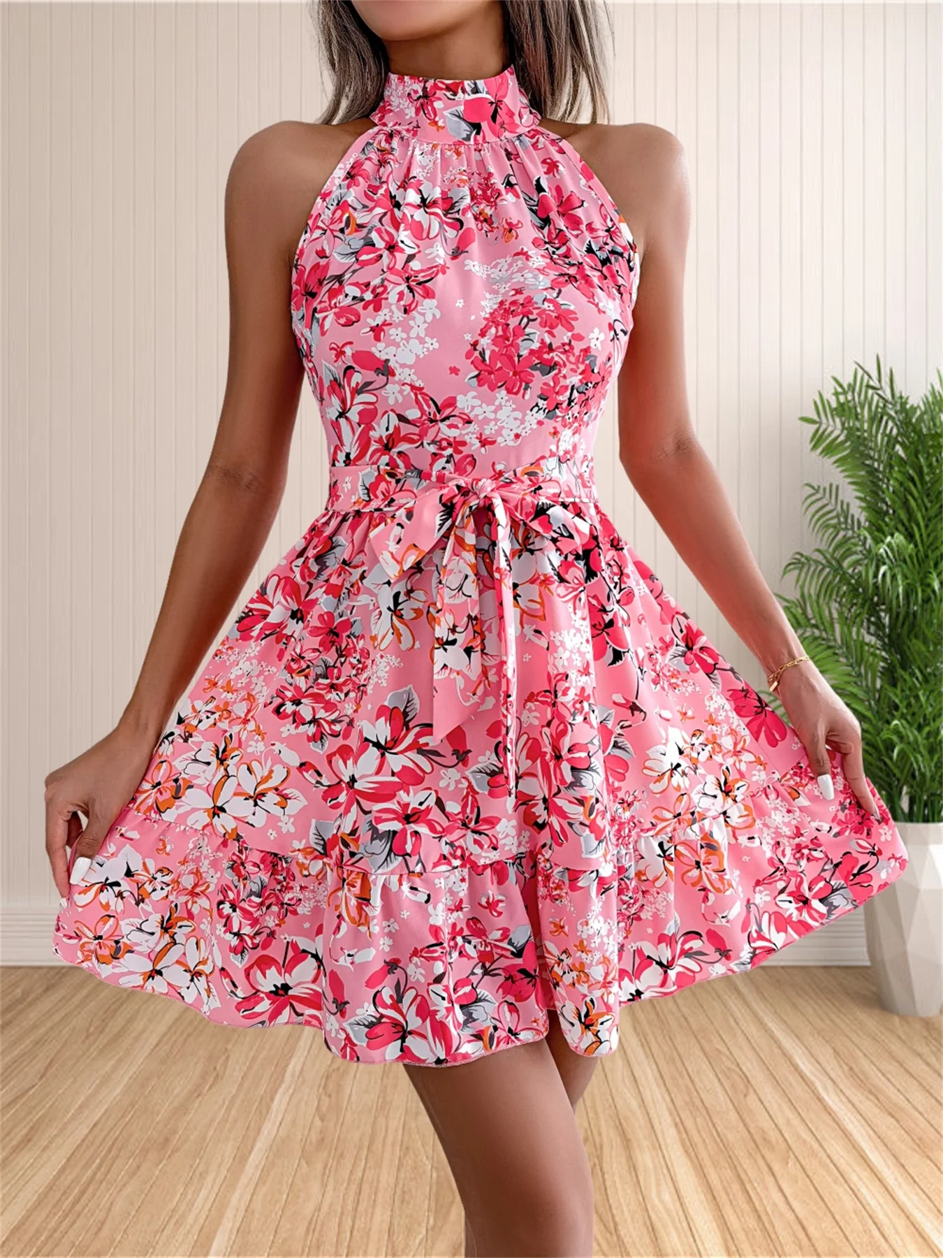 Abito estivo da donna 2024 Halter Casual senza maniche abiti da spiaggia Boho Sundress Ruffle Belted Midi Dress