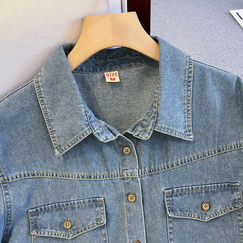 Camisa vaquera Retro para mujer, chaqueta de manga corta con solapa de un solo pecho, camisas informales azules versátiles a la moda para mujer